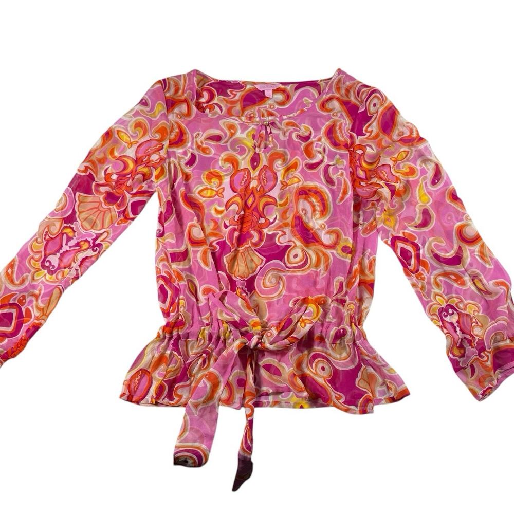 Lilly Pulitzer Silk Top L Mango Salsa Sheer Tie Waist Peplum Blouse
